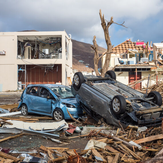 Humanitarian aid photography: Wrecked vehicles and buildings in Roadtown, the capital of the British Virgin Islands, following Hurricane Irma.
