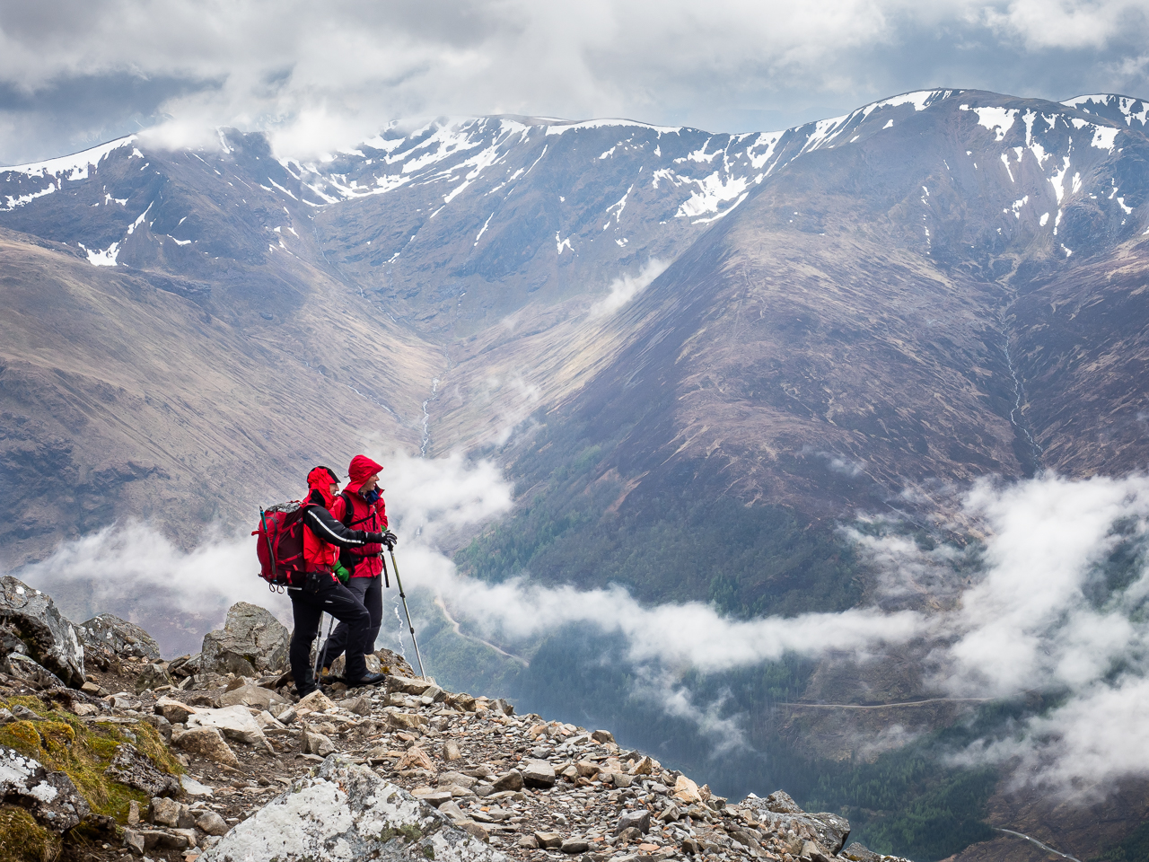 Travel photography Scotland: Adventure travel photography: Members of the Royal Air Force Mountain Rescue Team ascend Ben Nevis, Britain's highest mountain, on 7 April 2018 as part of celebrations marking the RAF's 100th anniversary.