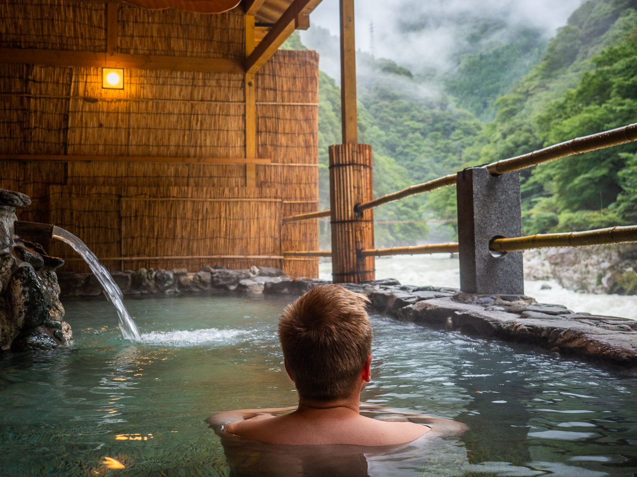 Japan travel photography: An open-air onsen (hot spring bath) at Hotel Iyaonsen, a hotel spa in Tokushima Prefecture, Shikoku, Japan.