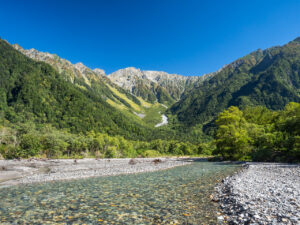 Mount Hotaka and River Azusa in Kamikōchi (the Upper Highlands) in the Hida Mountains, Nagano Prefecture, Japan.