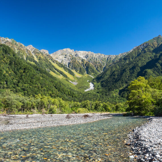 Japan travel photography: Mount Hotaka and River Azusa in Kamikōchi (the Upper Highlands) in the Hida Mountains, Nagano Prefecture, Japan.