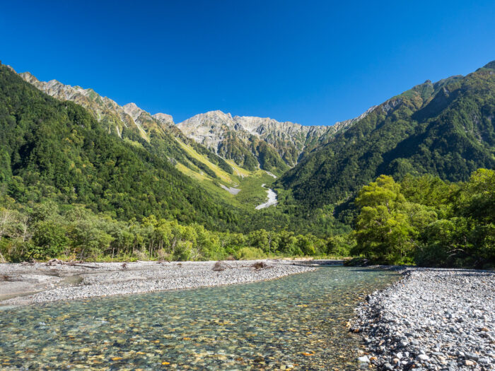 Japan travel photography: Mount Hotaka and River Azusa in Kamikōchi (the Upper Highlands) in the Hida Mountains, Nagano Prefecture, Japan.