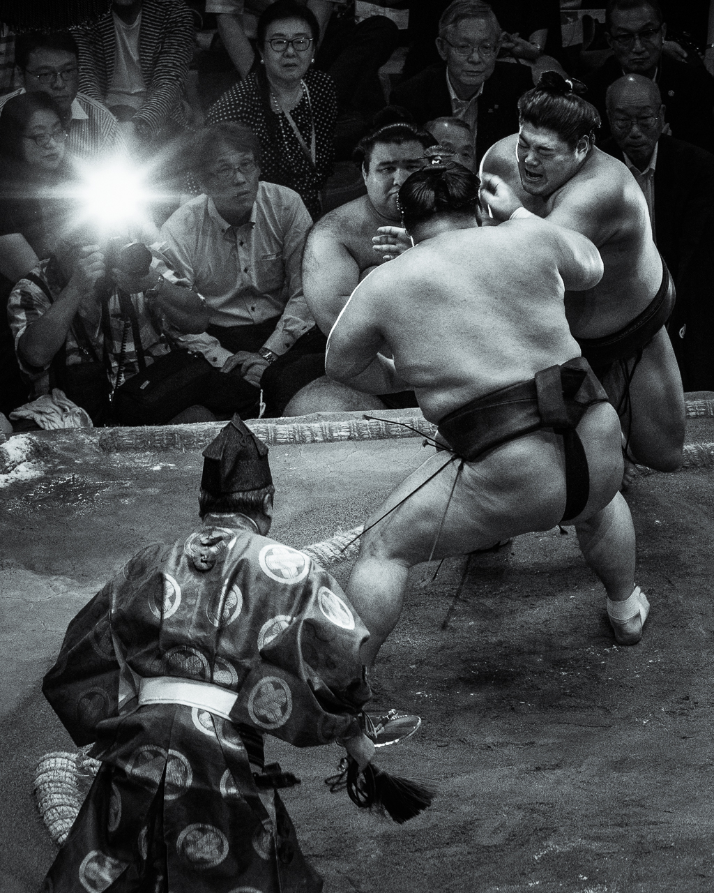 Sumo wrestlers at the 2018 Sumo Championship, Ryogoku Kokugikan national stadium, Tokyo, Japan.