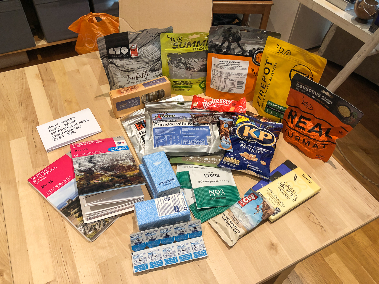 A rations parcel prepared for the Cape Wrath Trail, including a mixture of high-energy food, dehydrated meals and essentials.