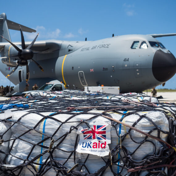 Humanitarian aid photography: UK military passengers board an RAF A400M Atlas transport aircraft in Barbados on 9 September 2017, preparing to deliver UK aid to Caribbean islands stricken by Hurricane Irma.Royal Air Force logisticians from RAF Brize Norton have assisted with the delivery of military personnel and aid cargo to the Caribbean to support disaster relief in the wake of Hurricane IRMA. RAF aircraft - including C-17, A400M and Voyager aircraft - are supporting a joint task force of RAF, Royal Marines, Army and Royal Navy personnel who are supporting the Department for International Development as it delivers aid to stricken Caribbean islands.