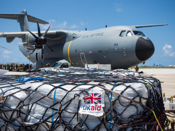 Humanitarian aid photography: UK military passengers board an RAF A400M Atlas transport aircraft in Barbados on 9 September 2017, preparing to deliver UK aid to Caribbean islands stricken by Hurricane Irma.Royal Air Force logisticians from RAF Brize Norton have assisted with the delivery of military personnel and aid cargo to the Caribbean to support disaster relief in the wake of Hurricane IRMA. RAF aircraft - including C-17, A400M and Voyager aircraft - are supporting a joint task force of RAF, Royal Marines, Army and Royal Navy personnel who are supporting the Department for International Development as it delivers aid to stricken Caribbean islands.