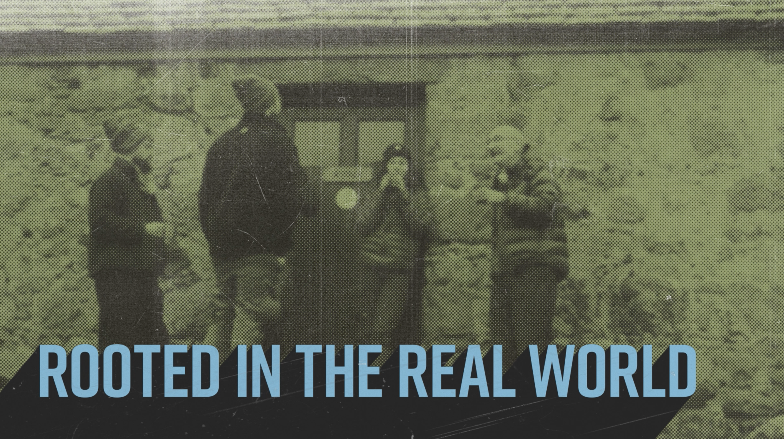 Video production still showing a halftone image of people outside a bothy with the caption 'rooted in the real world'