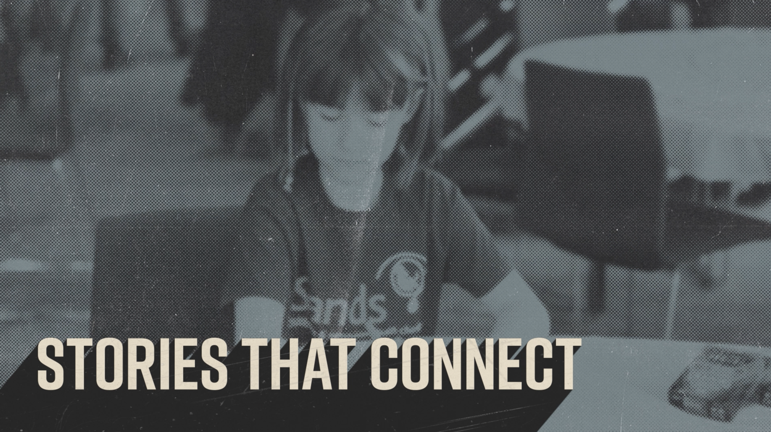Video production still showing a halftone image of a child at an event with a caption reading 'stories that connect'